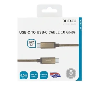 USB-C (hane) till USB-C (hane) - USB 3.1 Gen 2 - 5 A - 50 cm - USB-strömleverans (5A, 100W) - guld