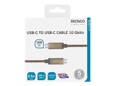 USB-C (hane) till USB-C (hane) - USB 3.1 Gen 2 - 5 A - 50 cm - USB-strömleverans (5A, 100W) - guld
